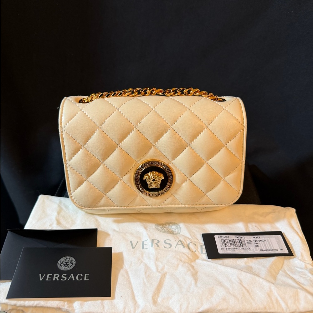 Versace Beige Quilted Crossbody Bag with Gold Chain BNIB